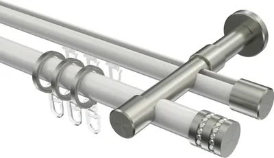 Produktbild von Interdeco Rundrohr-Innenlaufstange / Gardinenstange (Kombination) Weiß / Edelstahl-Optik, Typ Prestige Estana (Glitzerkappe), 20 mm Ø 2-läufig, 180 cm