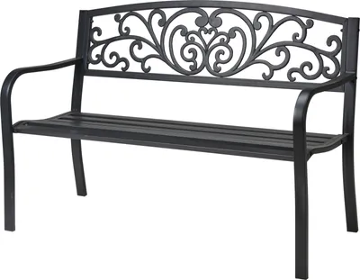 A black metal garden bench with ornate scrollwork on the backrest, shown against a white background.