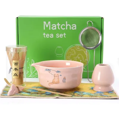 Produktbild von Matcha Teeschale Set,7-teilig, Keramik Schale 600ml, Bambus Chasen und Löffel, Sieb, Halter und Zubehör,Rosa