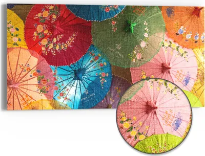Produktbild von DEQORI Hybrid Leinwand Bild 60x30 cm 'Farbenfrohe Schirmkunst' Wandbild Glas flach modern