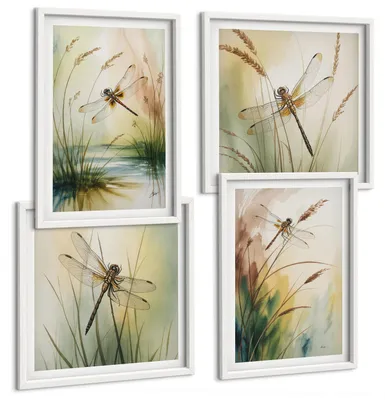 Produktbild von Bilder Set 4-teilig im Goldrahmen Rahmen – Wandbilder 4 Stück – gerahmte Poster für Wohnzimmer, Schlafzimmer und Flur – 50x50 cm - 40x60 cm – Libellen im Gras, Wassermalerei