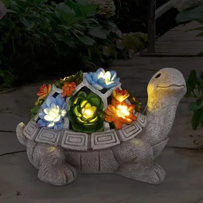 Produktbild von Garten Solar Schildkröte mit Blumen Statue Lampe Wasserdichte Harz LED Gartenlicht für Außen Terrasse Rasen Hof Deko