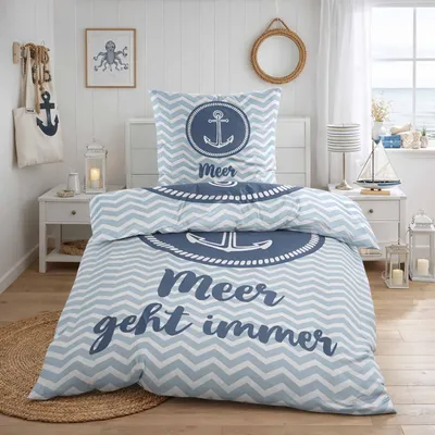 Produktbild von Renforce Bettwäsche 155 x 220 cm 2tlg. Baumwolle mit Reißverschluss in Blau Weiß Maritim Anker