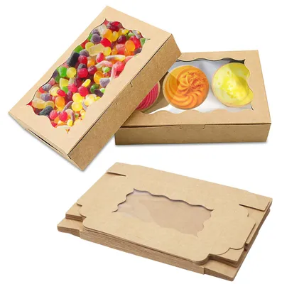 Produktbild von Keksschachtel mit Sichtfenster - 20 Stück Gebäckkarton aus Kraftpapier - Transportbox für Cupcakes und Gebäck - 17,8 x 11 x 3,9 cm
