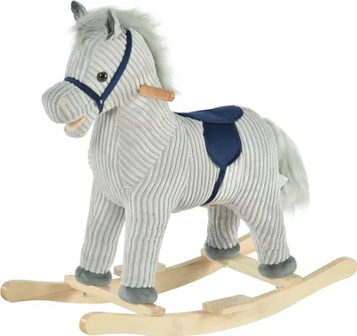 Produktbild von HOMCOM Kinder Schaukelpferd Baby Schaukeltier Pferd mit Tiergeräusche Spielzeug Haltegriffe für 36-72 Monate Plüsch Grau 73 x 35 x 64 cm