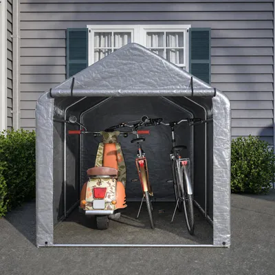 Image de Abri à vélos 160 x 220 x 165 cm en PE imperméable avec porte enroulable, structure en acier thermolaqué et 8 piquets, gris