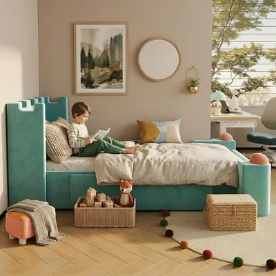 Imagen del producto de Cama tapizada de 90x200 cm en color azul verdoso, fabricada en madera, con cajón de almacenamiento y mesita abatible lateral, ideal para el dormitorio