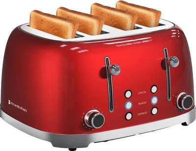 Produktbild von KitchenBrothers Retro Toaster - 4 Scheiben - 6 Bräunungsstufen - 4 Extra Breite Schlitze - 1630W - Aufwärm- und Auftaufunktion - Rot