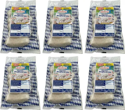 Produktbild von Food-United Weißwürste mit süßen Senf 6x351g als Set, Münchner-Weißwürste aus Bayern von ZIMMERMANN Fleischwerke, Brühwürste passend für Brotzeit und Bier, mit Petersilie Muskatblüte Zitronennote