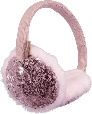 A pair of pink earmuffs with rose gold sequins.