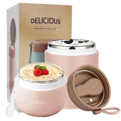 Produktbild von Müslibecher To Go mit Löffel und Deckel, Edelstahl Porridge Becher 730ml Auslaufsicher, Doppelschicht, Rosa