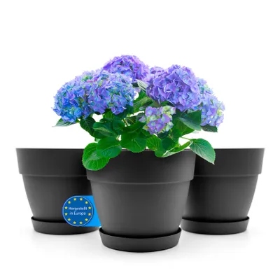 Produktbild von BigDean 3 Stück Blumentopf mit Untersetzer rund ø30 cm in Anthrazit – Übertopf innen + außen geeignet – aus bruchsicherem Kunststoff
