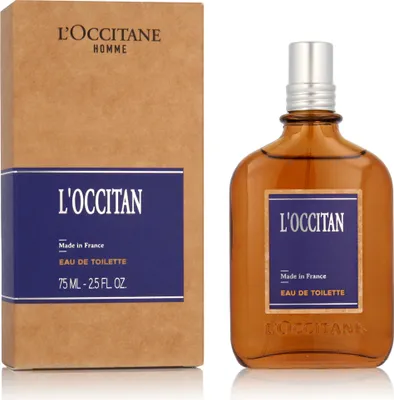 A product shot of L'Occitane L'Occitan Homme EDT 75 ml M, with the product box and bottle displayed side-by-side against a white background.