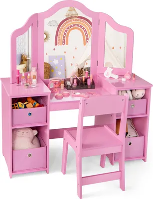 A pink children's vanity table and chair set with mirrors and accessories.