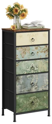 Zdjęcie produktu dla Komoda z 5 szufladami - Tkaninowe szuflady z wzorem vintage kwiatów - Brązowy - 45 x 95 x 30 cm