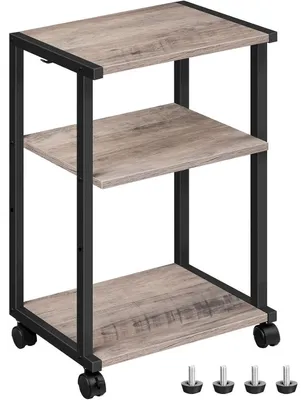 Produktbild von Druckerständer 3-stöckig mit Rollen, höhenverstellbar, 3 Ablagen, 2 Haken, 42x28x64 cm, Greige/Schwarz