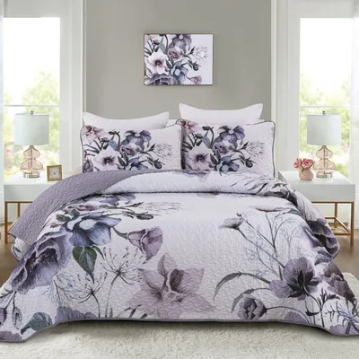 Produktbild von Blumen Quilt Set Boho Lila - Kingsize 3-teilig