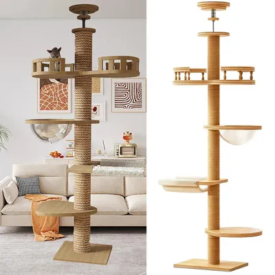Image de Arbre à chat – Griffoir de hauteur maximale – Hauteur réglable – Bois – À une seule plateforme – Avec poteau à griffer, hamac et jouets