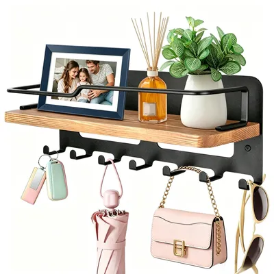 Produktbild von Schlüsselbrett mit Ablage und 7 Schlüsselhaken, Holz, für Wohnzimmer, Flur, Diele (schwarz)