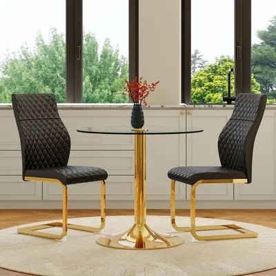 Immagine prodotto di Set tavolo e sedie, tavolo in vetro (diametro 85 cm), struttura in metallo, 2 sedie da pranzo (nero e oro, trasparenti)