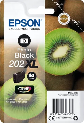 Produktbild von Epson Kiwi Singlepack Photo Black 202XL Claria Premium Ink, Hohe (XL-) Ausbeute, Foto schwarz, Tinte auf Farbstoffbasis, 7,9 ml, 1 Stück(e), 800 Seiten
