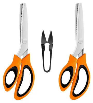 Produktbild von Zickzackscheren (2 Stück, gezackte und gewellte Kanten) mit Fadenabschneider, Zickzackscheren mit ergonomischem Griff, zum Schneiden von Stoff, Orangeschwarz