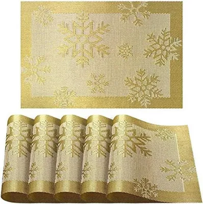 Produktbild von 6er Platzdeckchen weihnachtlich platzsets Tischmatten aus PVC Abgrifffeste Hitzebeständig Abwaschbar WeihnachtenTischsets, Gold Schneeflocke, Rechteck, 6