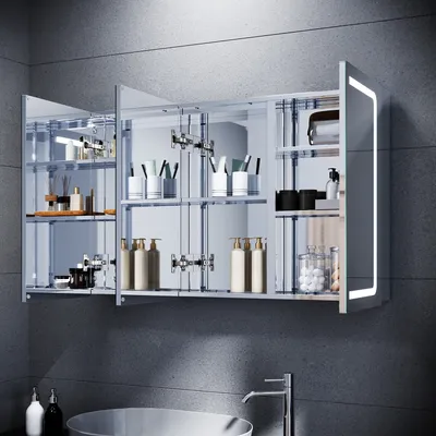 Produktbild von SONNI Edelstahl Spiegelschrank mit Ablage und Beleuchtung，3-türig Badschrank，mit Rasiersteckdose 105x65x13cm