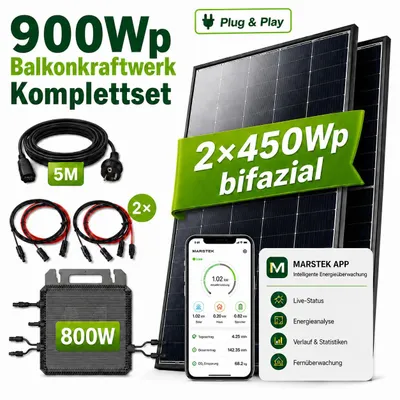 Produktbild von GreenSun Solar 900W Balkonkraftwerk Bifazial Module mit MARSTEK 800W Wechselrichter, PV Solaranlage, 5m Kabel