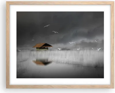 Produktbild von Gerahmtes Poster - Rahmen in heller Eiche - Hütte Nebel Sumpf - 50x40 cm - Wand Bild - Wanddeko - Wandbilder - Kunstposter - Wandposter - Bilderrahmen - Bilder - Kunstdruck - P2NAA50x40-4896