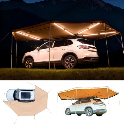 Image de VEVOR Auvent pour voiture, 6,09 x 4,14 x 2,1 m, auvent à 270° avec éclairage LED intégré, voile d'ombrage, auvent latéral UV50+, auvent pour voiture autonome tout temps, protection solaire pour SUV et camions en camping