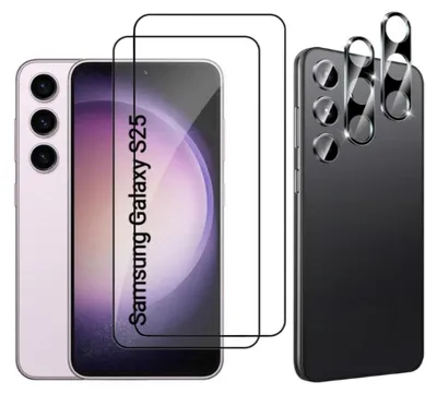 A product shot of a phone and its accessories, including a screen protector and camera lens protectors.