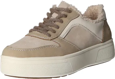 A single beige sneaker with a platform sole is shown against a white background.