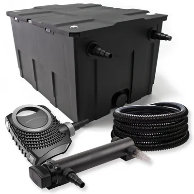 Immagine prodotto di Set completo SunSun: filtro per laghetti CBF-550 fino a 60000 L come filtro a flusso continuo, pompa per laghetti NEO7000 SuperEco 7000l/h 50W, chiarificatore per laghetti CUV-318 con chiarificatore UVC 18W, tubo per laghetti da 25m 25 mm (1")