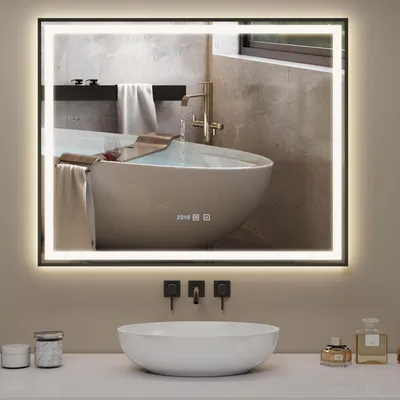 Produktbild von Puluomis Badspiegel 100x80 beschlagfrei mit 3 Farbe Beleuchtung, dimmbare Helligkeit, Badezimmerspiegel mit Digitaluhr, Temperatur schwarz