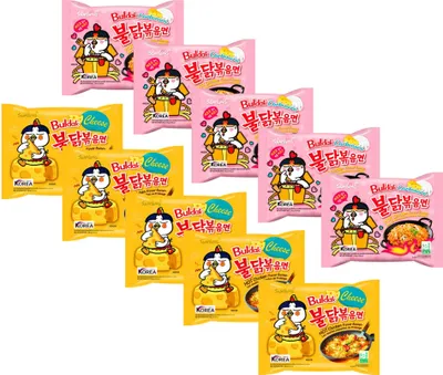 Produktbild von Samyang Hot Chicken Ramen Bundle – 5x Carbonara 130g + 5x Cheese 140g | Koreanische scharfe Instantnudeln |   + Heartforcards Versandschutz