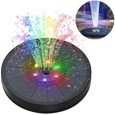 Produktbild von Solar Springbrunnenpumpe 3W mit Akku, Schwimmender Solar Wasserbrunnen mit 7 LED-Leuchten, Teichpumpe für Vogeltränke, Garten & Aquarium