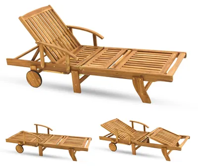 Produktbild von Muntel Sonnenliege Klappbar Wetterfest Holz Gartenliege 160kg Belastbar mit 2 Räder Ablage Tisch Liegestuhl, Auf Rollen, Verstellbar, Wetterbeständig, Ausziehbarer Tisch, 193 x 70 x 30 cm