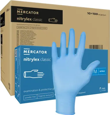 Produktbild von Nitrilhandschuhe, Größe M, blau, Mercator Nitrylex Classic, 100 Stück pro Karton (10er-Packung)