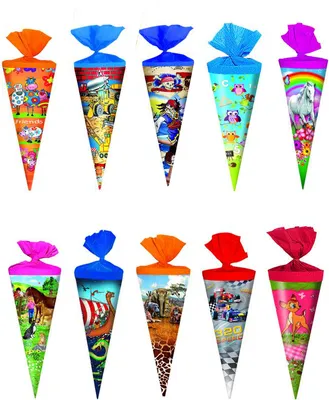 Produktbild von 10x Schultüte / Zuckertüte / Länge: 25cm / rund / 10 verschiedene Motive