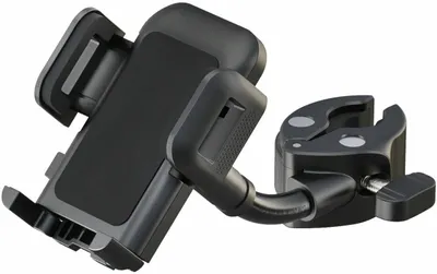 A black smartphone holder with a clamp mount is shown against a white background.