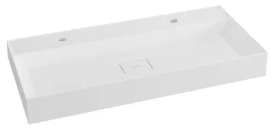 A white rectangular washbasin with two faucet holes and a drain in the center, shown from a slightly elevated angle against a white background.