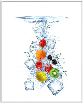 Produktbild von Wallario Wandbild Obst-Eiswürfel-Mix im Wasser mit weißem Hintergrund, Größe: 40,30 x 50,30 cm, Poster mit weißem Aluminiumrahmen
