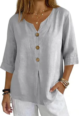 Image de ASKSA - Chemisier en mousseline pour femme, manches 3/4, chemisier d'été oversize, élégant, encolure en V, t-shirt, chemise hawaïenne, chemisier léger à manches courtes (gris clair, S)