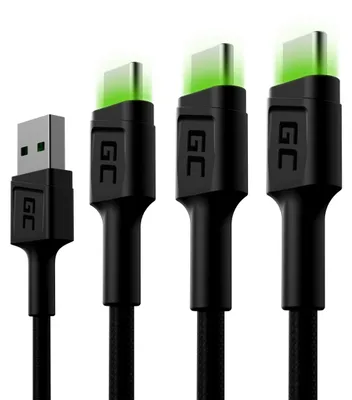 Zdjęcie produktu dla Green Cell Zestaw 3x Kabel Ray USB - USB-C120cm, zielony LED, szybkie ładowanie Ultra Charge, QC 3.0, 1,2 m, USB A, USB C, 0,48 Gbit/s, Czarny