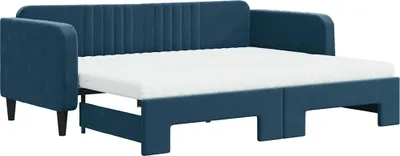 Imagen del producto de Cama nido extensible con colchones, color azul, 90x200 cm, tapizada en terciopelo