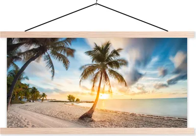 Produktbild von MuchoWow® Textilposter Sonnenuntergang - Strand - Palme 120x60 cm mit holzfarbenen Rahmen - Klemmleiste