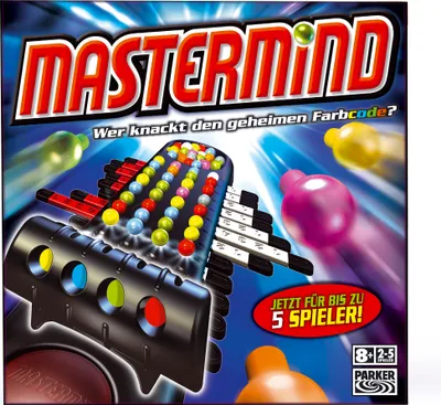 The image shows the box art for the board game Mastermind, featuring the game's components and title.