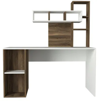 Image de Bureau d'étude avec étagère en panneau mélaminé blanc et noyer 140 x 153,8 x 60 cm