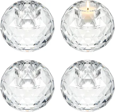 Imagen del producto de Velas de cristal redondas - Juego de 4 - Portavelas de cristal tallado a mano - 4,8 x 6 cm - Juego de candelabros de cristal